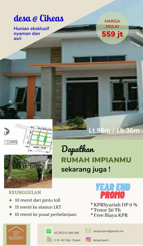 Dijual Rumah Minimalis di Cikeas KPR Syariah DP 10% - Luas Tanah 109 m2, 2 Kamar Tidur