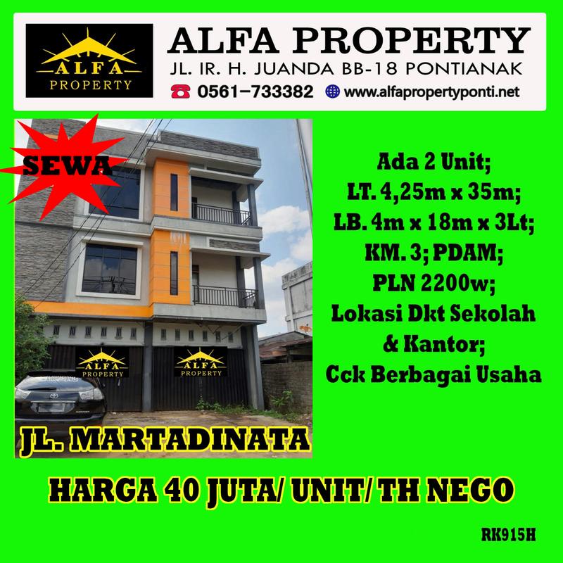 Alfa Property - Sewa Ruko 3 Lantai di Jl. Martadinata Kota Pontianak