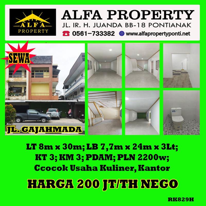 Alfa Property - Disewakan Ruko 3 Lantai di Gajah Mada Pontianak - LT 240 m2 | LB 554 m2