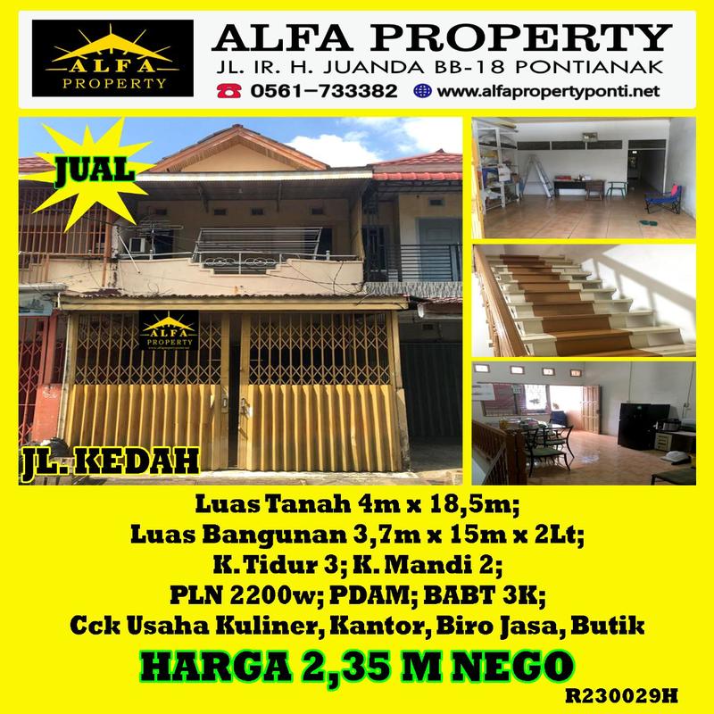 Alfa Property - Dijual Rumah di Jalan Kedah Pontianak - 2 Lantai, 3 Kamar Tidur, LT 74m2, LB 111m2
