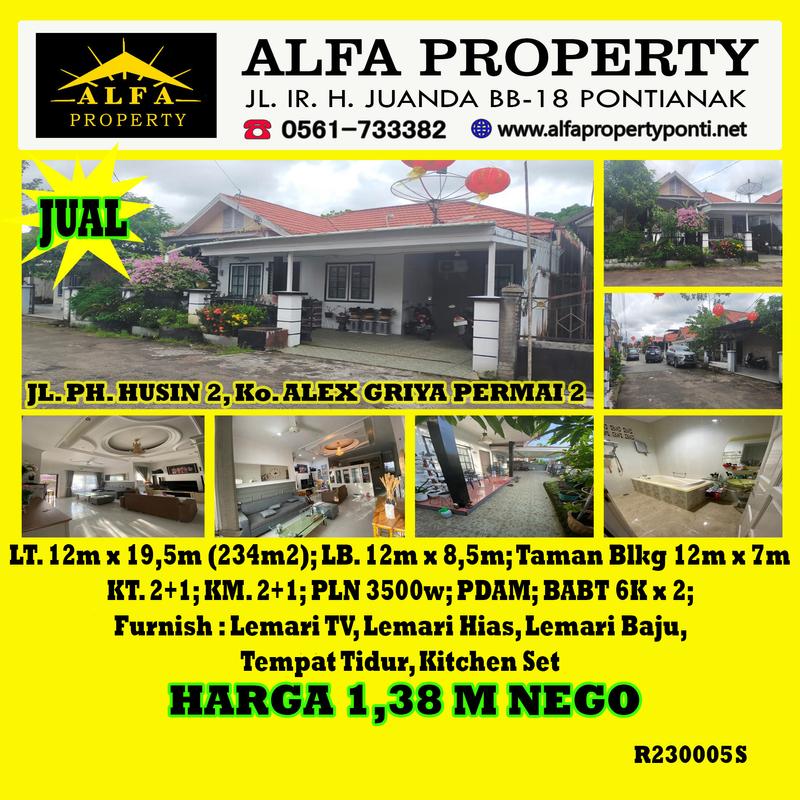 Alfa Property - Dijual Rumah di Komplek Alex Griya Permai Kota Pontianak - Luas Tanah 234m2