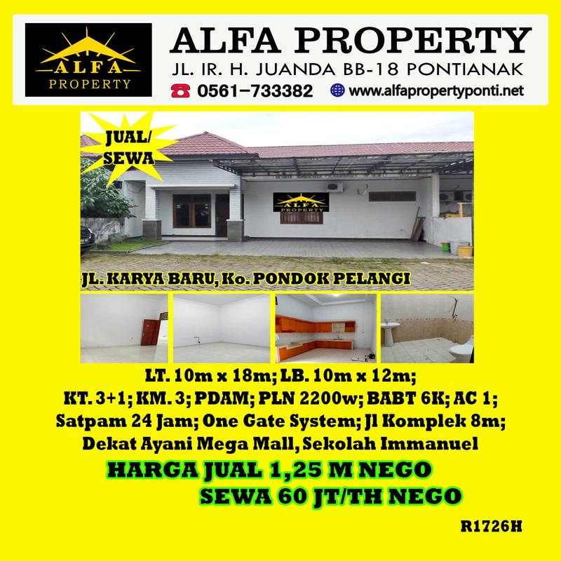 Alfa Property - Disewakan Rumah di Pondok Pelangi Pontianak - 3+1 Kamar Tidur