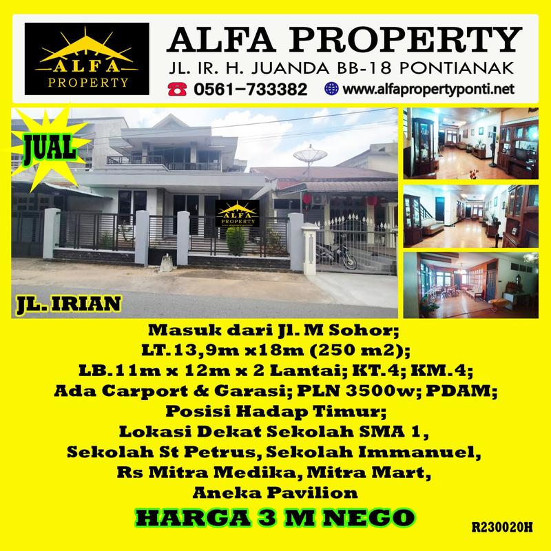 Alfa Property - Dijual Rumah di Jalan Irian Pontianak - 2 Lantai, 4 Kamar Tidur, Luas Tanah 250m2, Luas Bangunan 264m2