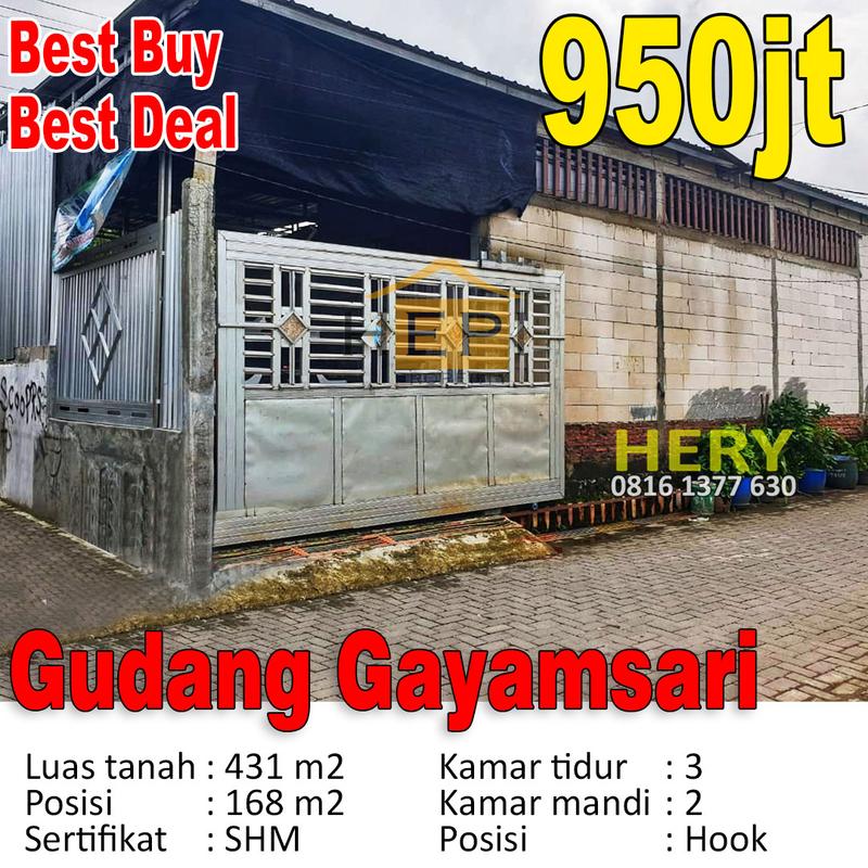 Jual Gudang Murah di Gayamsari Gajah Soekarno Hatta Semarang - Luas Tanah 431 m2, Luas Bangunan 168 m2, Hook