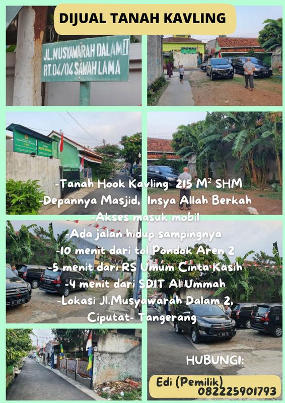 Jual Tanah Kavling Hook di Sawah Lama Ciputat Tangerang Selatan, 10 Menit dari Tol Pondok Aren 2