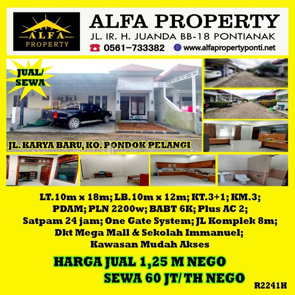 Alfa Property - Disewakan Rumah di Pondok Pelangi Pontianak - 3+1 Kamar Tidur, LT 180m2, LB 120m2
