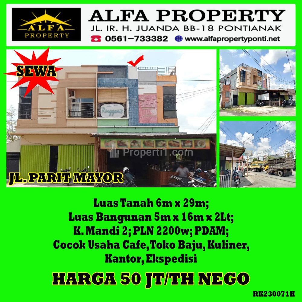 Disewakan Ruko di Jalan Parit Mayor Kota Pontianak - Alfa Property