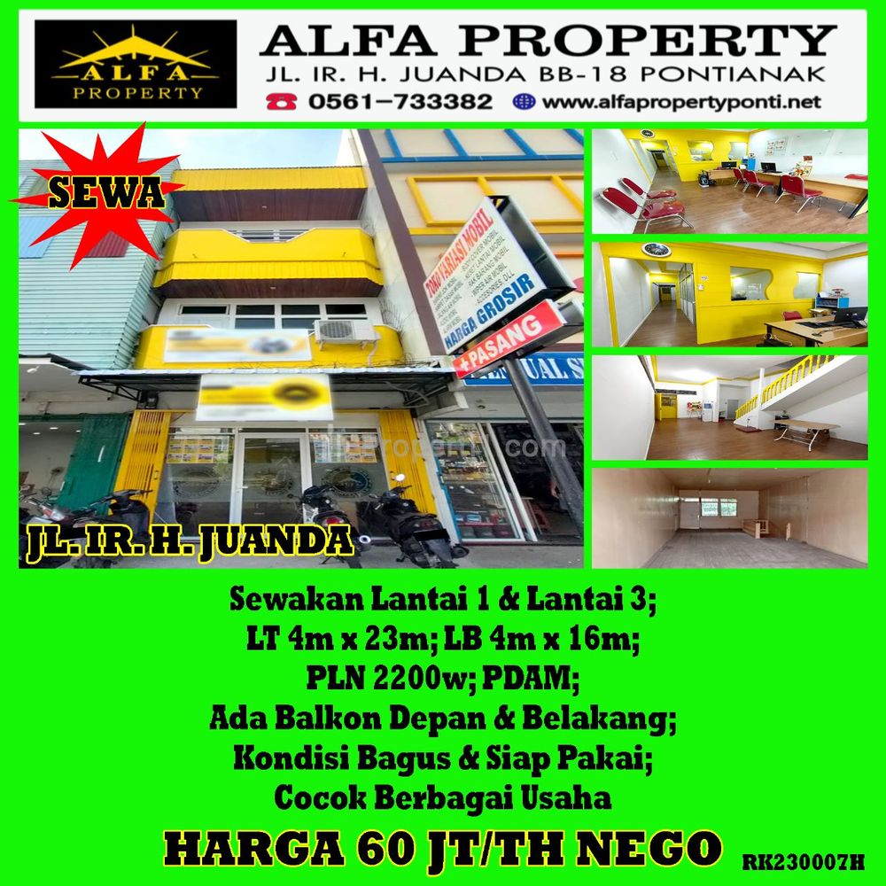 Alfa Property - Sewa Ruko di Jl. Ir. H Juanda Kota Pontianak