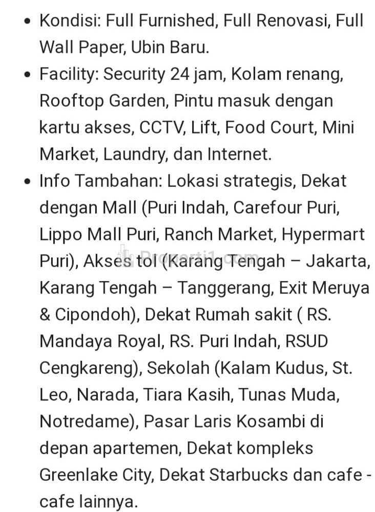 Jual Murah Apartemen Green Palm Residence di Duri Kosambi Jakarta Barat - 3 BR Furnished, Lantai Rendah