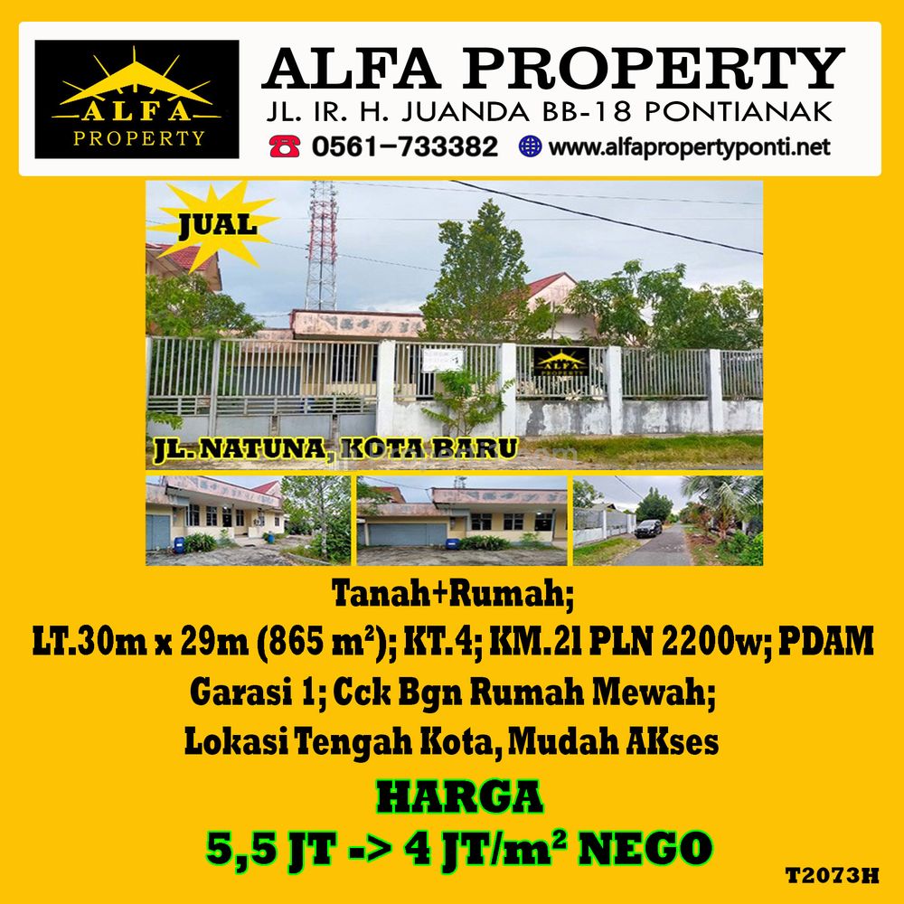 Alfa Property - Dijual Tanah Jalan Natuna, Kota Baru, Pontianak - Luas Tanah 865 m2