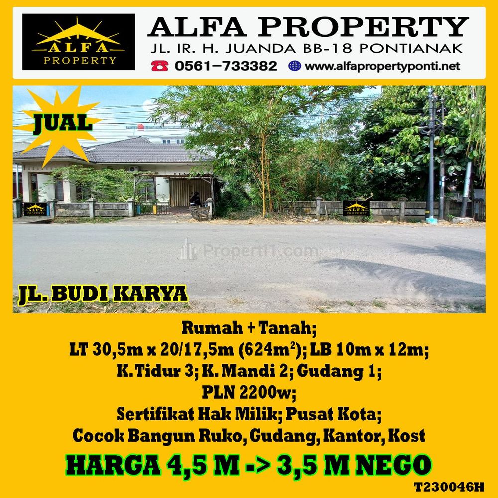 Alfa Property - Jual Tanah di Jalan Budi Karya Pontianak - Luas 624 m2 SHM