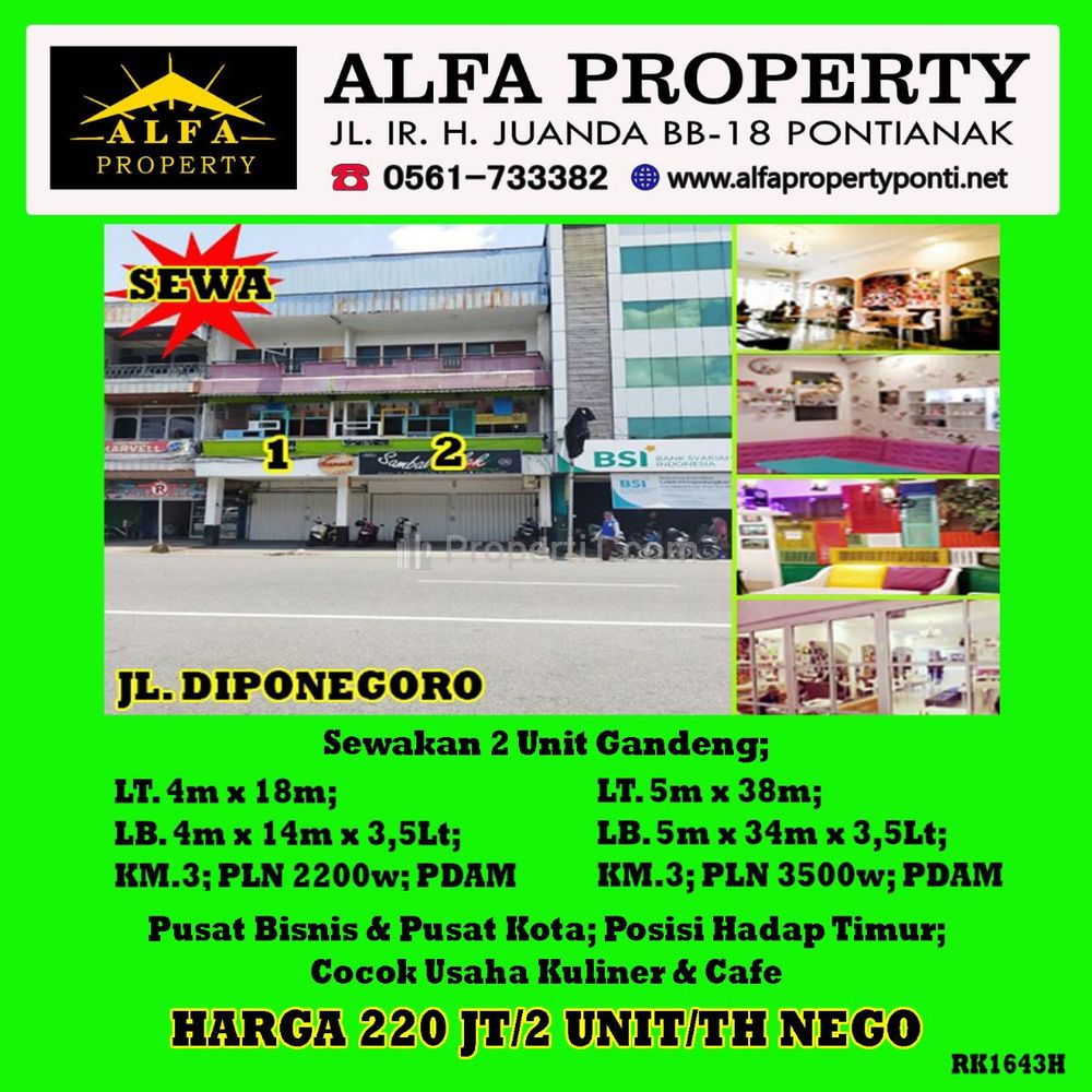 Alfa Property - Disewakan Ruko 3.5 Lantai di Jalan Diponegoro Pontianak - LT 72 m2 | LB 196 m2