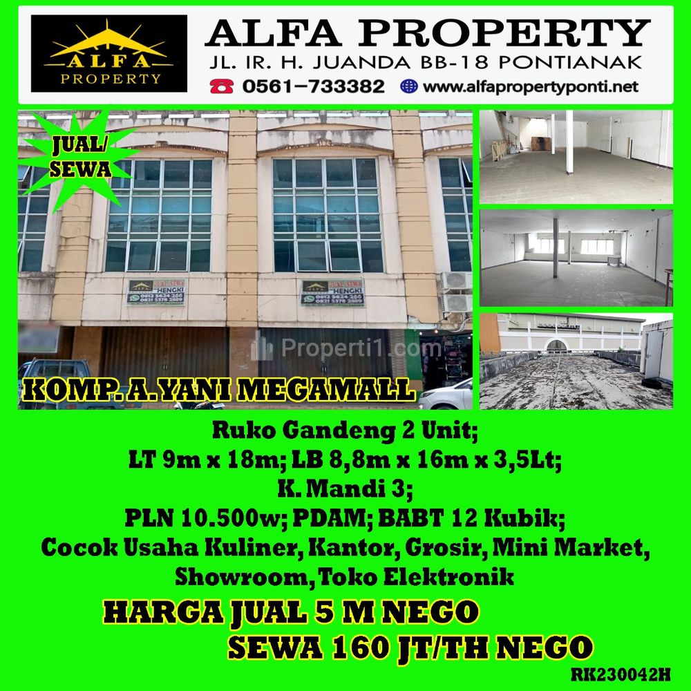 Disewakan/Dijual Ruko Gandeng Ahmad Yani Mega Mall Kota Pontianak - Alfa Property 