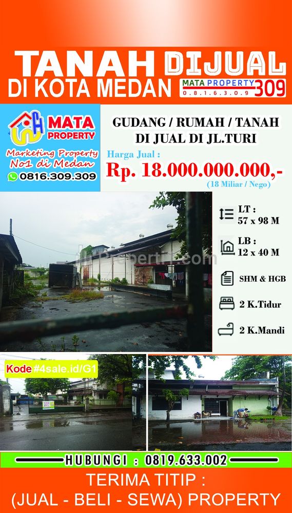 Dijual Tanah/Gudang/Rumah dengan Total Luas Lahan 4.352 m2, Ex Kantor/Gudang, Daerah Jl. Sisingamangaraja / UISU / Turi Medan