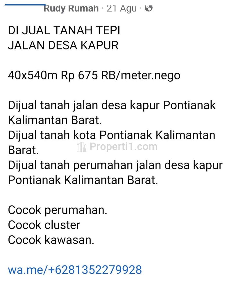 Dijual Tanah Tepi Jalan Desa Kapur Kota Pontianak