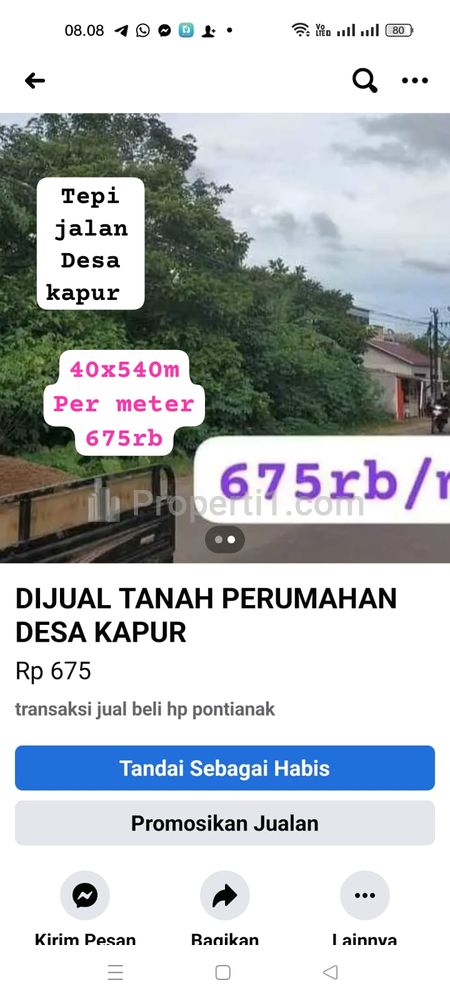 Dijual Tanah Tepi Jalan Desa Kapur Kota Pontianak