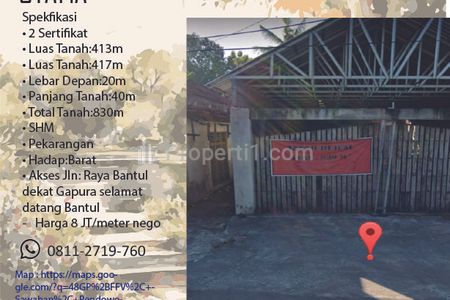Dijual Tanah Pekarangan di Jalan Utama dekat Gapura Selamat Datang Kabupaten Bantul