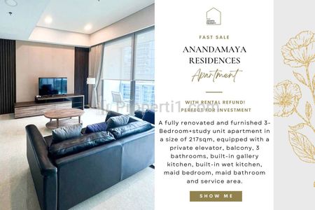 Fast Sale: Anandamaya Residences Apartment, BELOW MARKET PRICE, 3BR 217sqm, Mid Floor, Very Good for Investment! Harus Terjual Cepat!