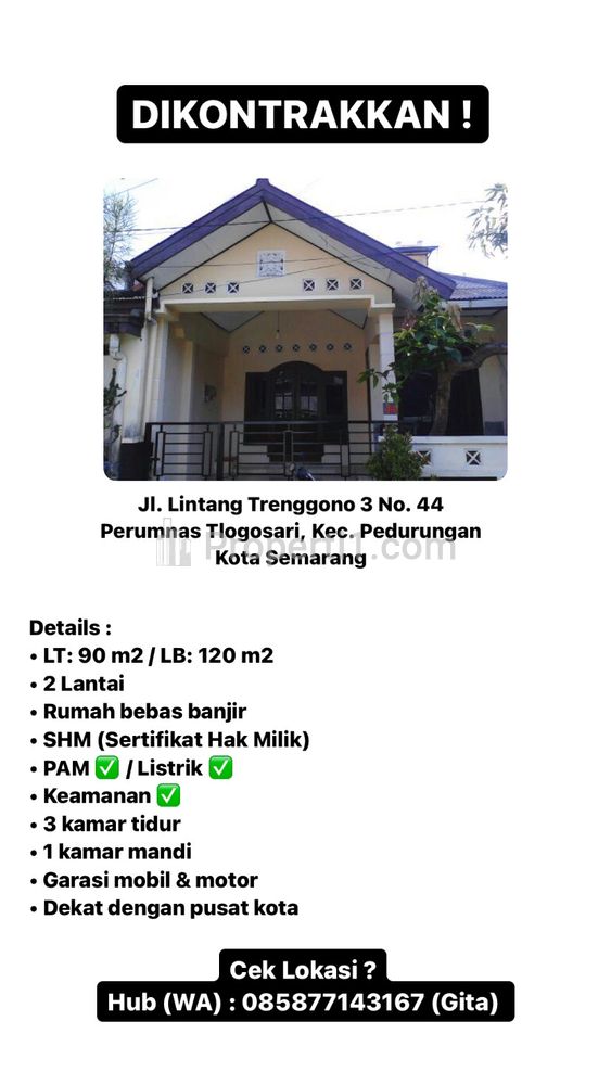 Rumah Dikontrakkan di Perumnas Tlogosari, Pedurungan, Semarang - 2 Lantai, 3 Kamar Tidur
