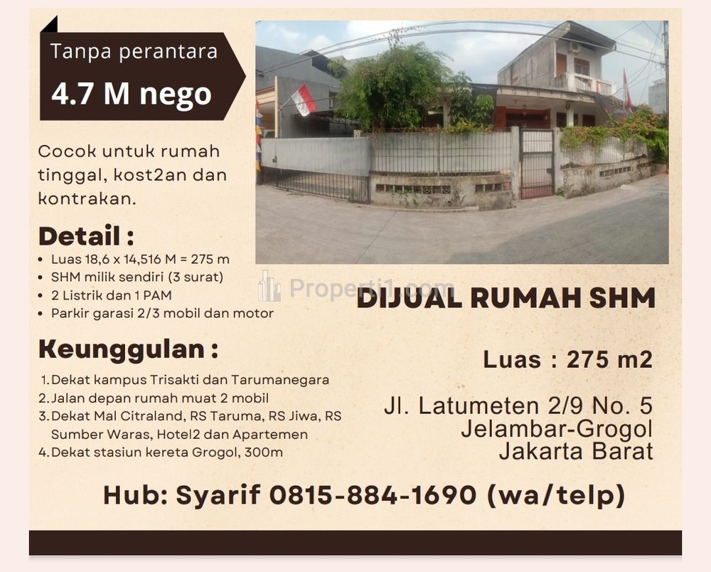 Dijual Rumah SHM 275 m2 di Jelambar, Jakarta Barat