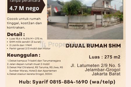 Dijual Rumah SHM 275 m2 di Jelambar, Jakarta Barat