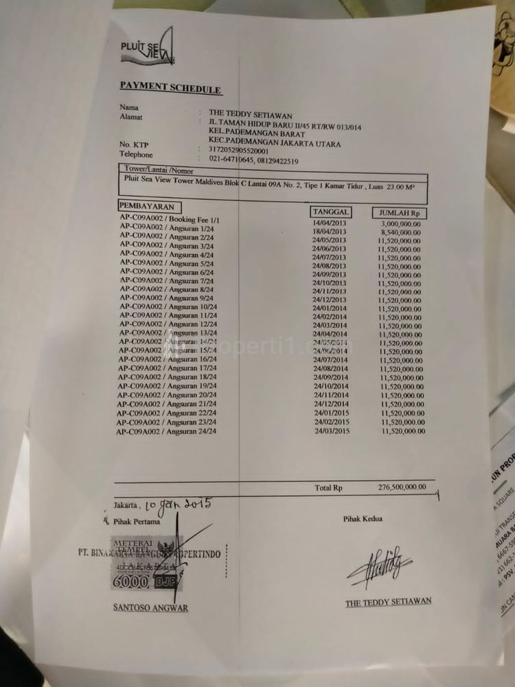 Jual Rugi Apartemen Pluit Sea View Type Studio Full Furnished, Lokasi Strategis dekat Tol