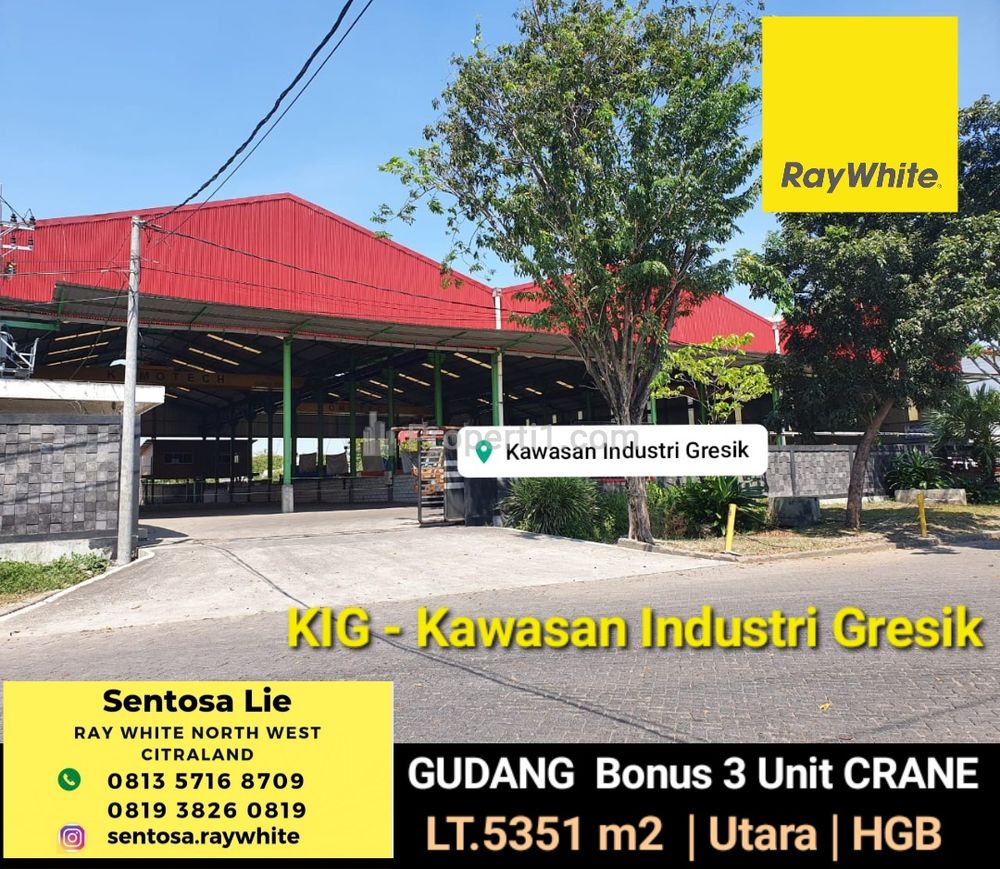 Dijual Gudang 5351 m2 + 3 Unit Crane di  KIG - Kawasan Industri Gresik - Kebomas - Gresik JATIM  - Hitung Rp 7 jt/m2