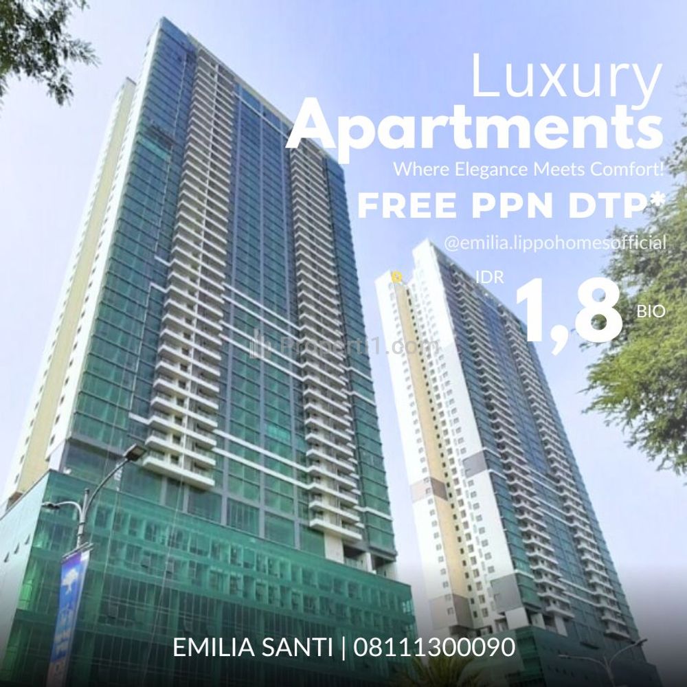 Dijual Apartemen Mewah Siap Huni Karawaci, 5 Menit Ke Tol Karawaci, Free PPN, View Golf - 2+1 BR Unfurnished