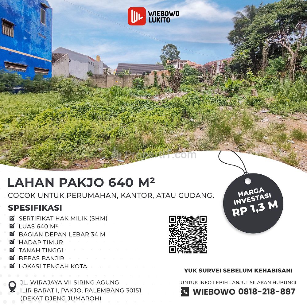 Jual Tanah 640 m2 di Pakjo Kota Palembang Dekat RS Bhayangkara Moh. Hasan, UIN Raden Fatah, Palembang Square, Palembang Icon Mall, Pasar Sekip Ujung