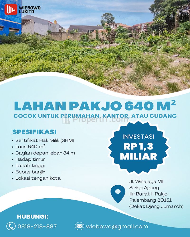 Jual Tanah 640 m2 di Pakjo Kota Palembang Dekat RS Bhayangkara Moh. Hasan, UIN Raden Fatah, Palembang Square, Palembang Icon Mall, Pasar Sekip Ujung