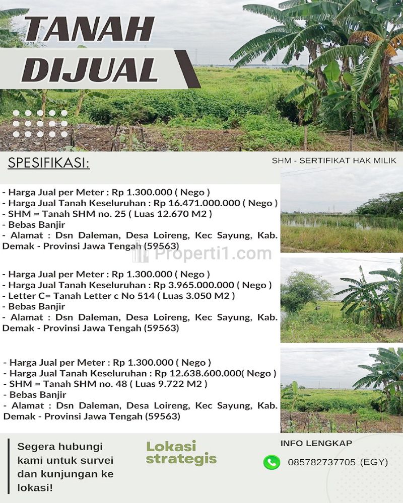 Jual Tanah di Sayung Demak Jawa Tengah Dekat Jateng Land Industrial Park Sayung Demak, Pasar Sayung, Gerbang Tol Sayung, SMK Negeri 1 Sayung Demak