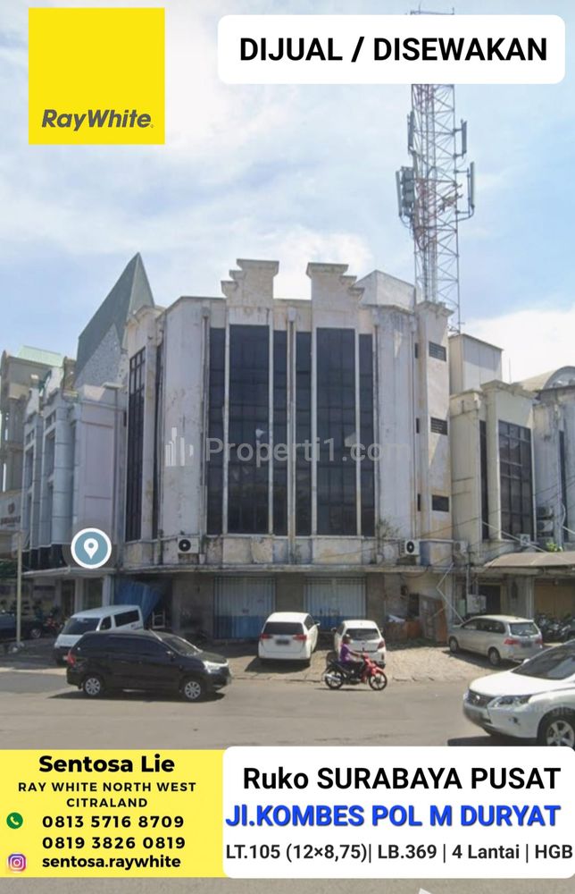 Disewakan Ruko Surabaya Pusat di Jl. Kombes Pol M. Duryat - NOL Jalan Raya Dekat Tunjungan Plaza, Parkiran Mobil Luas Cocok buat Segala Usaha