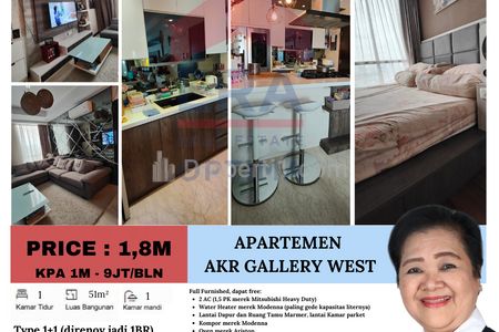 Dijual Apartemen AKR Gallery West, Kebon Jeruk, Jakarta Barat - 1 BR Furnished