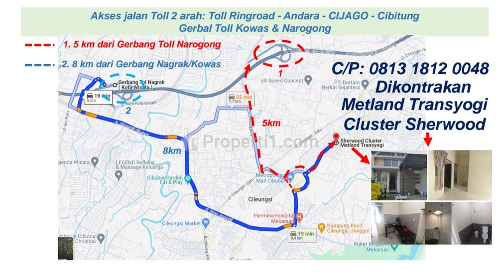 Sewa Rumah Metland Transyogi Cileungsi - Akses Gerbang Tol Narogong atau Kowas