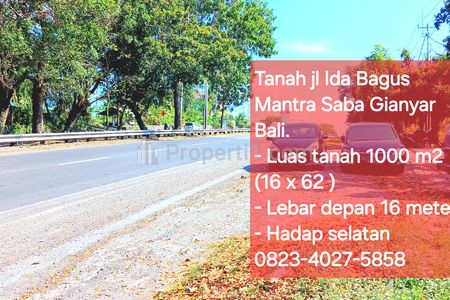 Dijual Tanah 1000 m2 di Jl. Ida Bagus Mantra Saba Gianyar Bali