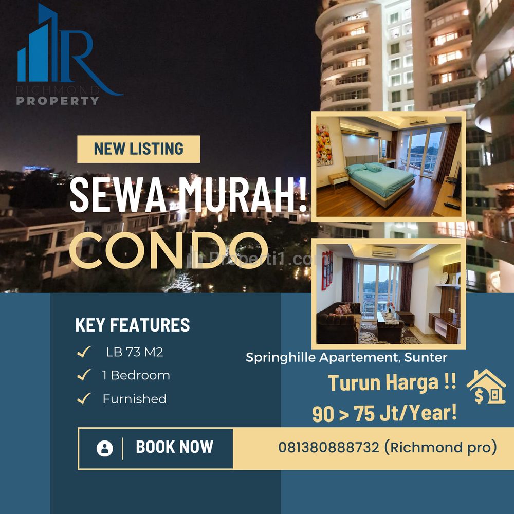 Turun Harga! 90 > 76 Jt !! Sewa Condo 1 BR @Royale Springhill Kemayoran Full Furnished Pool + City View ! Paling Murah di Pasaran!!