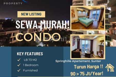 Turun Harga! 90 > 76 Jt !! Sewa Condo 1 BR @Royale Springhill Kemayoran Full Furnished Pool + City View ! Paling Murah di Pasaran!!