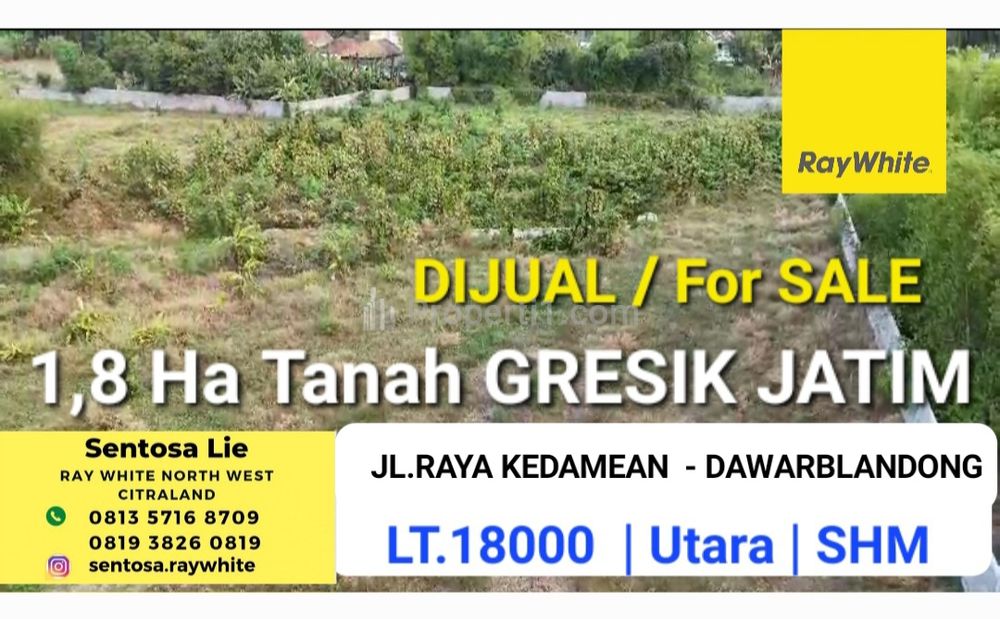 Dijual Tanah 1,8 ha di Gresik Jatim - Jalan Raya Kedamean, Dawarblandong - SHM - Nol Jalan Raya Cocok Buat Pegudangan, Perumahan