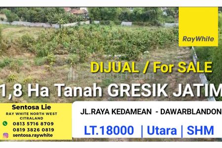 Dijual Tanah 1,8 ha di Gresik Jatim - Jalan Raya Kedamean, Dawarblandong - SHM - Nol Jalan Raya Cocok Buat Pegudangan, Perumahan