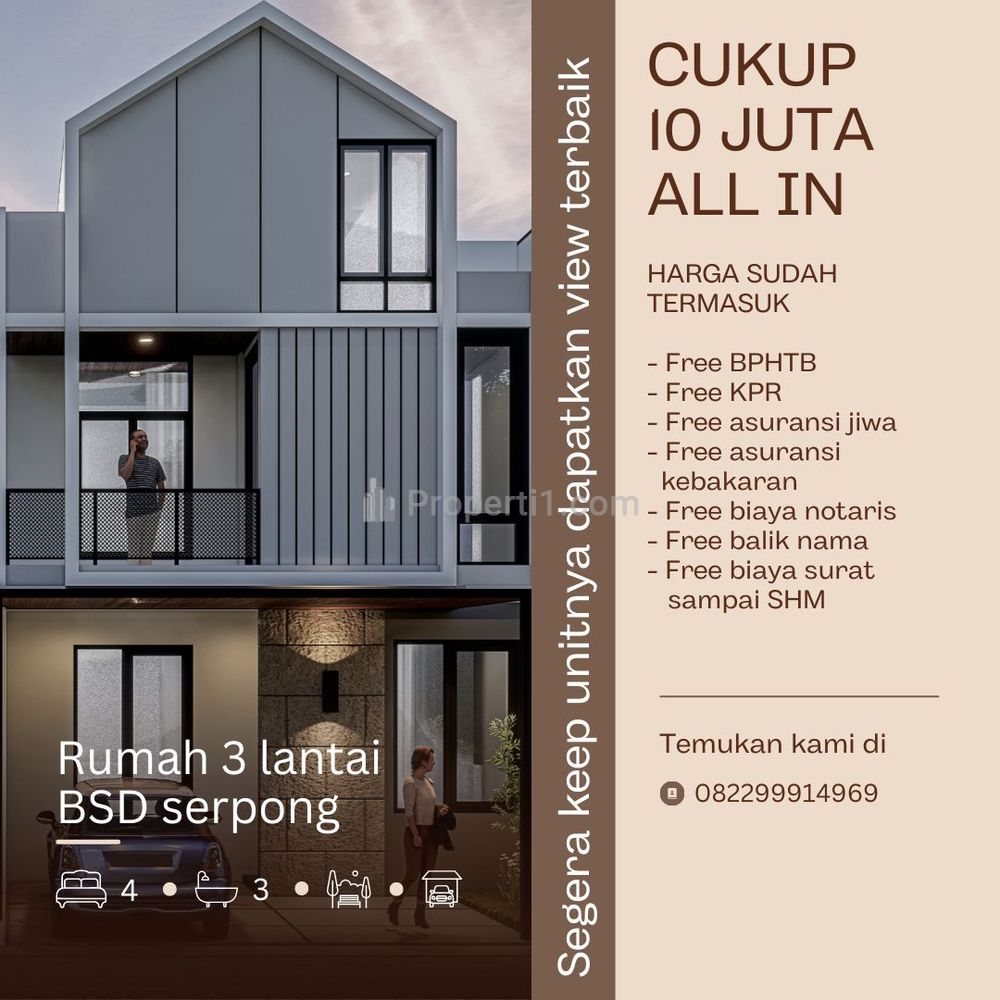 Dijual Rumah di Serpong, Tangsel, 3 Lantai DP 0% Bebas Biaya-biaya