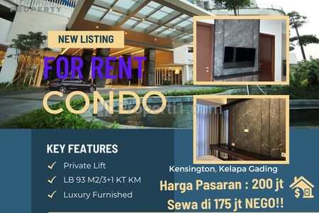 Sewa Apartemen Kensington Kelapa Gading Type 3 BR 100 m2 Luxury Furnished Premium Interior Bawah Market