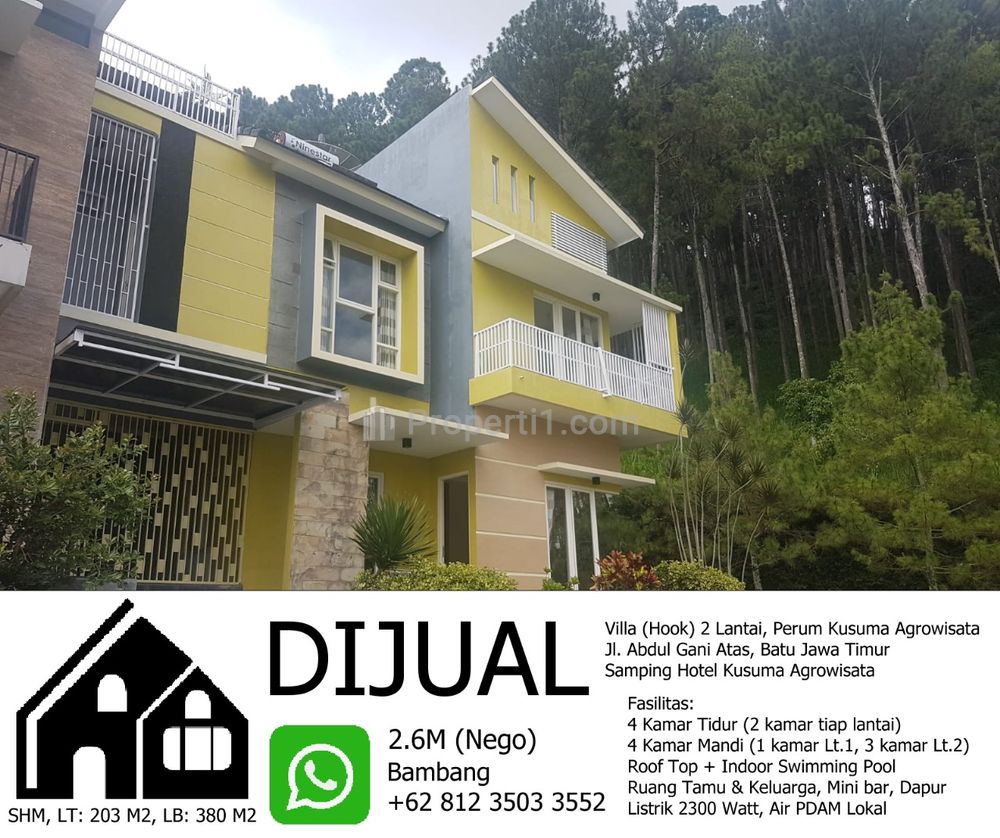 Jual Villa (Hook) 2 Lantai + Roof Top + Indoor Swimming Pool di Batu, Jawa Timur