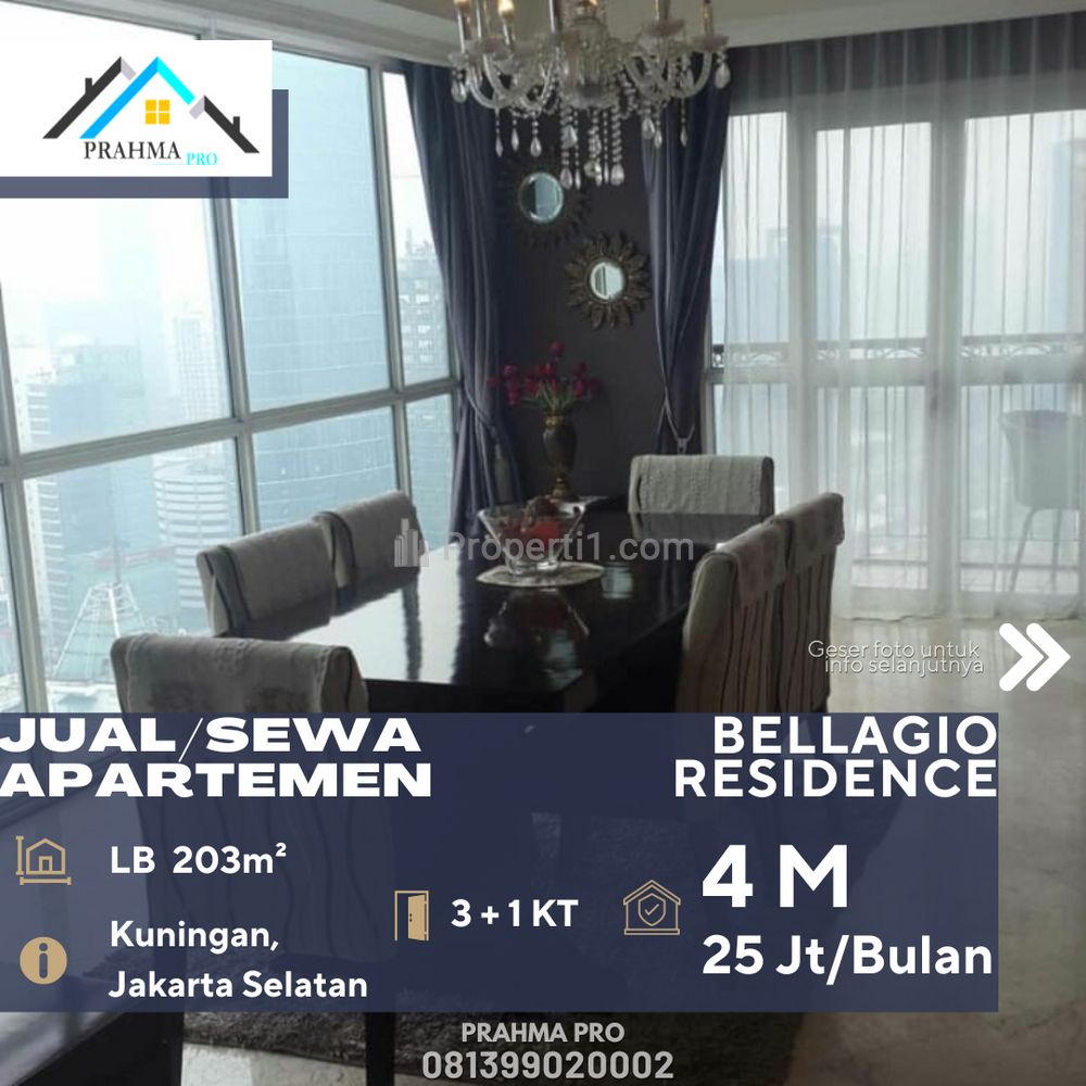 Dijual / Disewakan Apartemen Bellagio Residence di Daerah Kuningan Jakarta Selatan - 3+1 BR Furnished