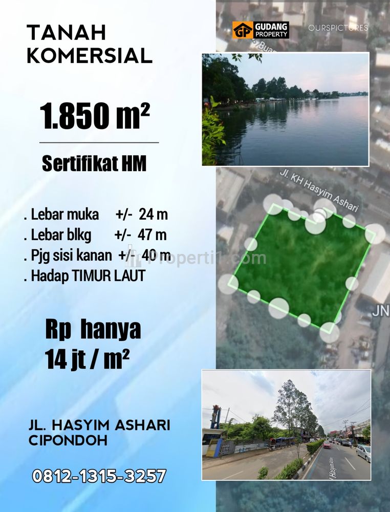 Dijual Tanah Komersial SHM Luas 1850 m2 Jl. Hasyim Asy'ari Cipondoh Tangerang