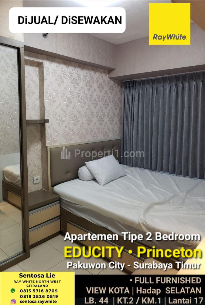 Dijual / Disewakan Apartemen Educity Princeton 2 BEDROOM FULL FURNISHED Pakuwon City Surabaya Timur  - Lantai 17 - View Kota