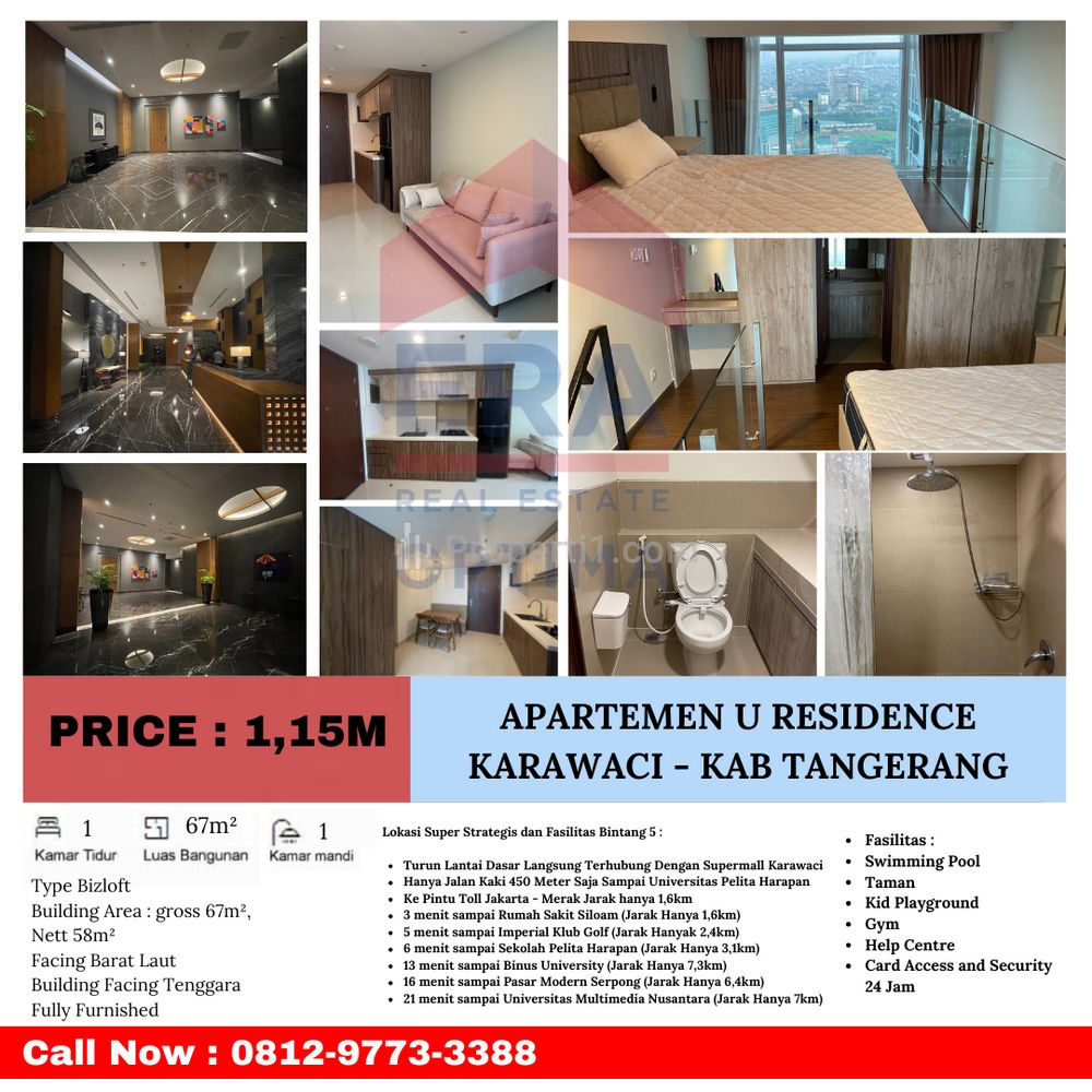 Dijual Apartemen U Residence Karawaci, Kabupaten Tangerang - 1 BR Full Furnished