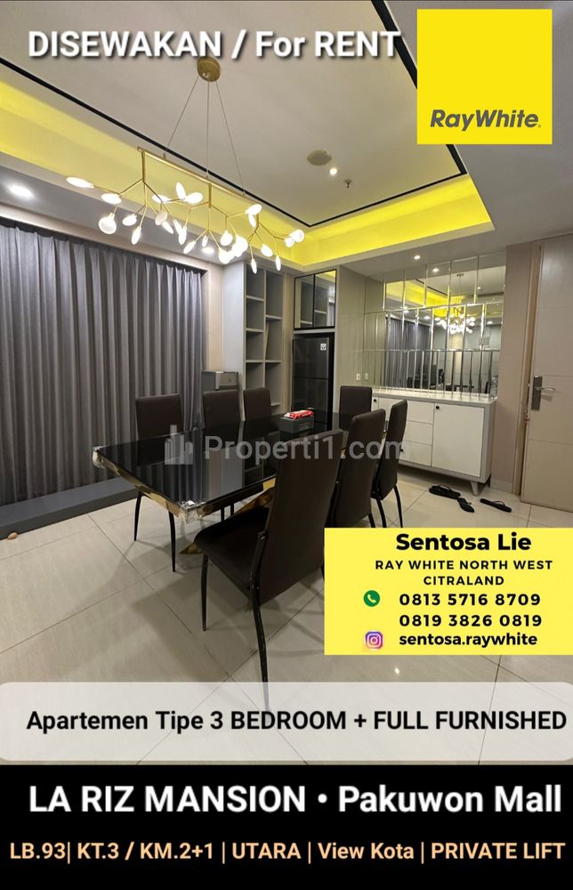 Sewa Apartemen La Riz Mansion Surabaya 3 Kamar Tidur FULL Furnished + PRIVATE Lift Akses Pakuwon Mall