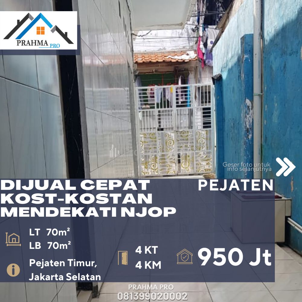 Dijual Rumah Kost-kostan Bebas Banjir Lokasi Strategis Harga Mendekati NJOP di Pejaten Jakarta Selatan