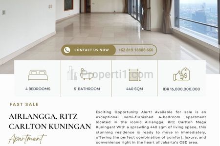 Jual Apartment Airlangga Ritz Carltron, 4+1 BR 440sqm in Semi Furnished, Also avail in Fully Furnished and 880sqm! Termurah & Ready to Move in!
