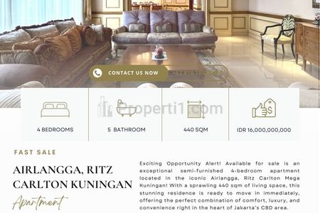 Jual Apartemen Airlangga Ritz Carltron, 4+1 BR 440sqm in Fully Furnished or Semi Furnished, Also Available 880sqm! BEST PRICE Guaranteed